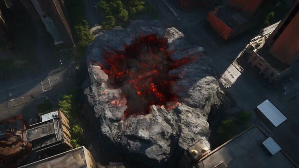 Horned Demon Titan Erupts from Fiery Crater