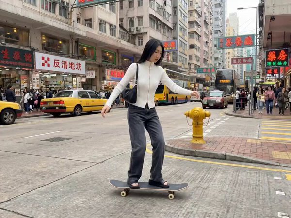 Skateboard Woman Asian City Street