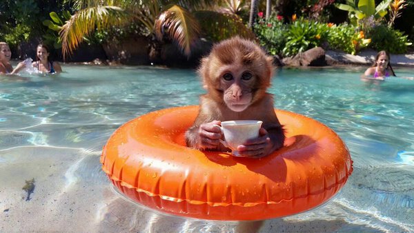 Cute Monkey Relaxing in Pool