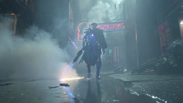 Cybernetic Warrior in Dystopian Alley