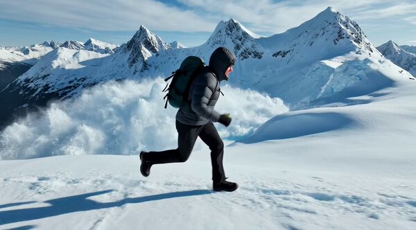 Climber Sprinting Across Icy Ridge