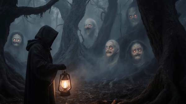 Side-Tracking Shot Through Ghostly Forest