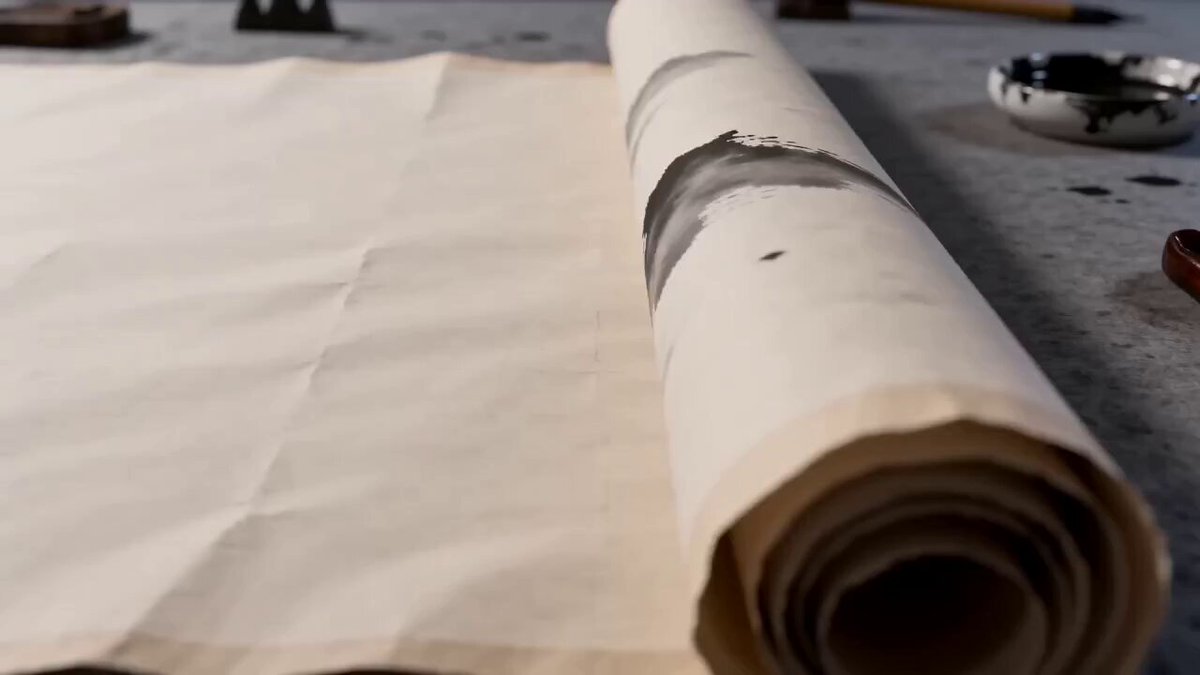 0-5秒：画面如同一幅徐徐展开的水墨长卷，墨色渲染出远山近水、古镇轮廓和飞檐翘角，水墨笔触间点缀着温暖的红色灯笼光晕如星