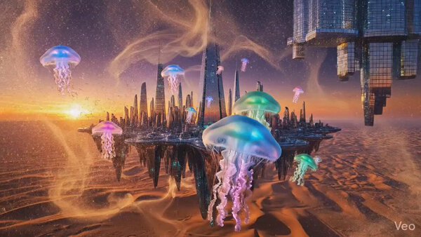 Floating City with Jellyfish at Sunset
