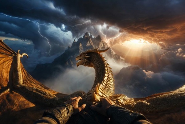 First Person Dragon Flight Through Stormy Mountains