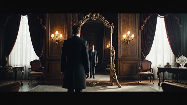 Character Stepping Through Rippling Mirror