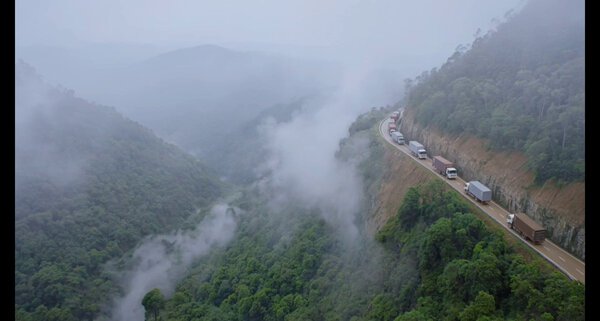 Cargo Trucks Mountain Road Aerial Shot