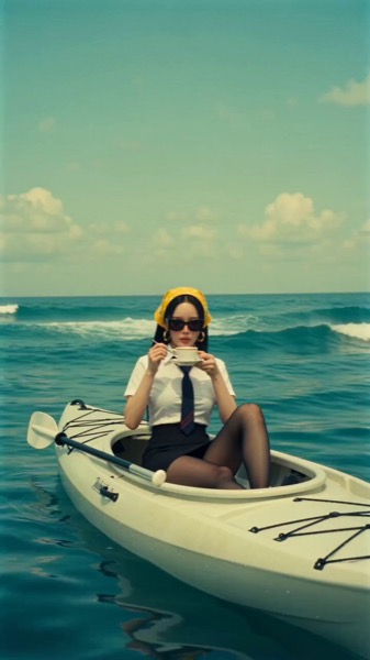 Calm Woman in Canoe with Shark