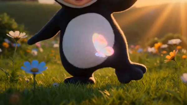 Chibi Penguin Girl Chasing Butterfly in Wildflower Meadow